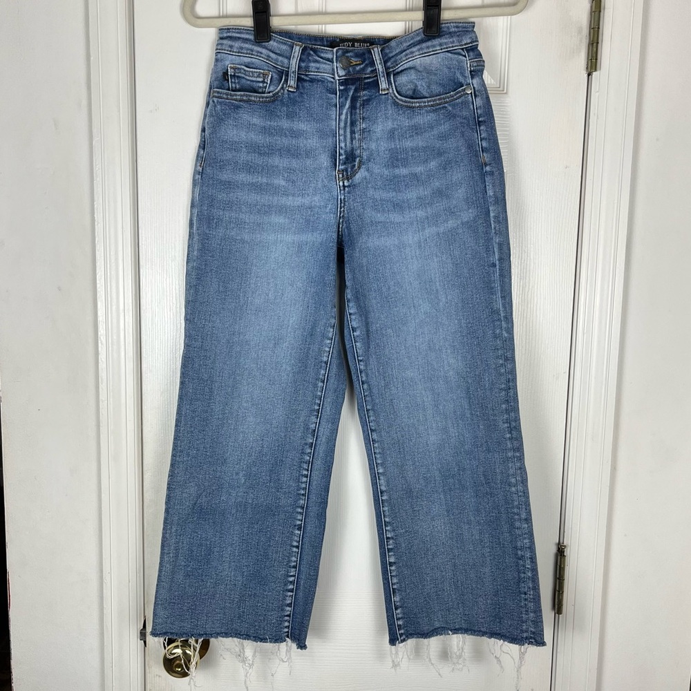 Judy Blue Medium Wash Wide Leg Raw Hem Jeans